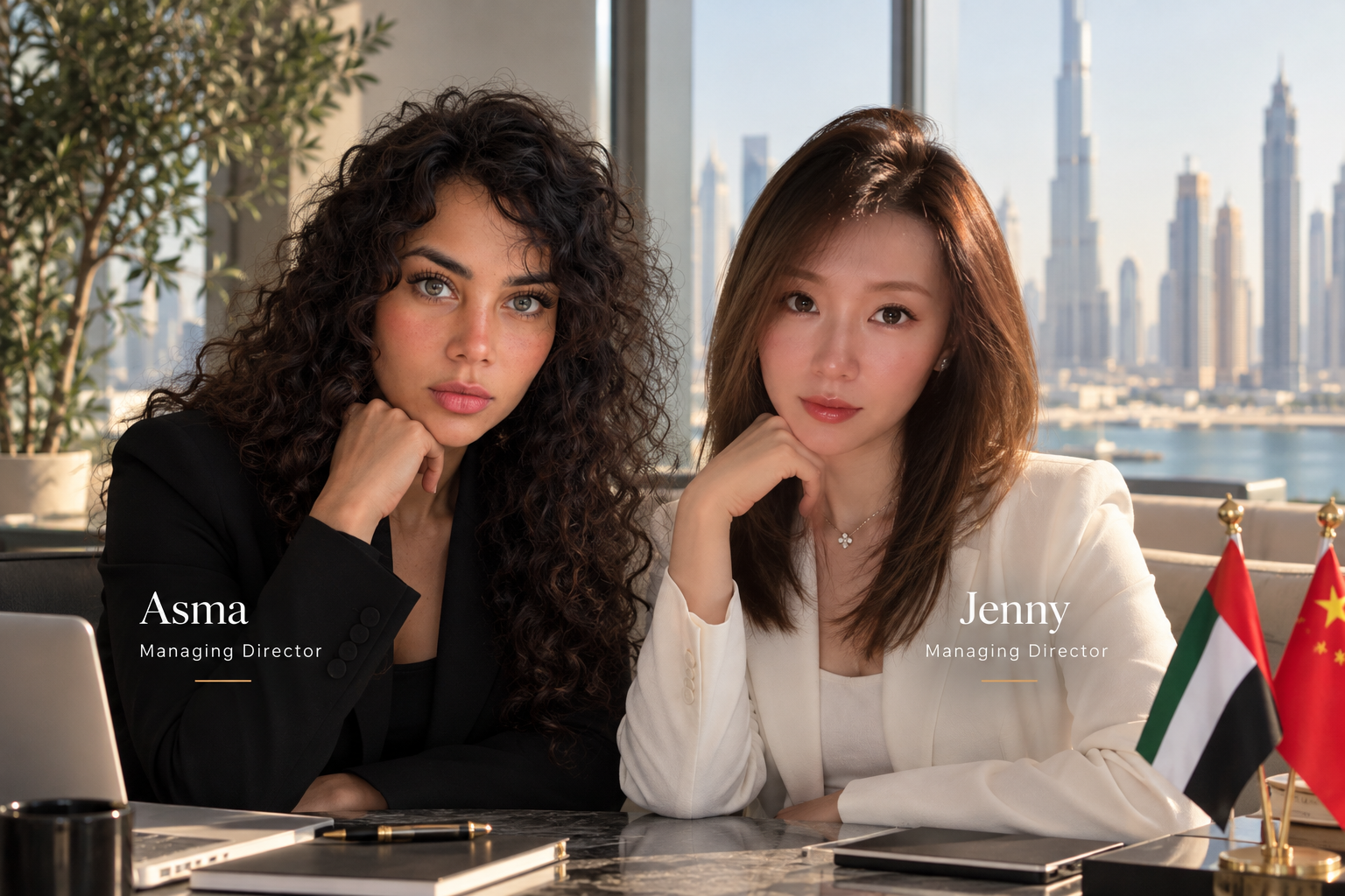 Asma and Jenny, co-founders and managing directors of THE9718, seated at a desk in Dubai with the UAE and China flags