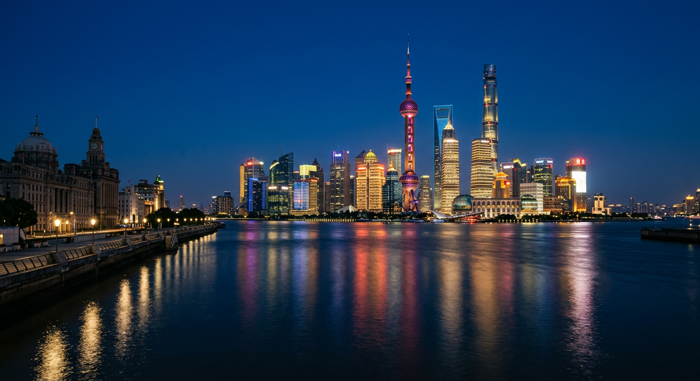 Shanghai skyline across the river at blue hour